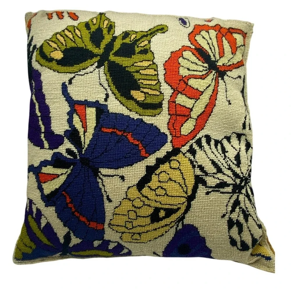 VTG Embroidered colorful Butterfly Throw‎ Pillow Corduroy Back Handmade READ